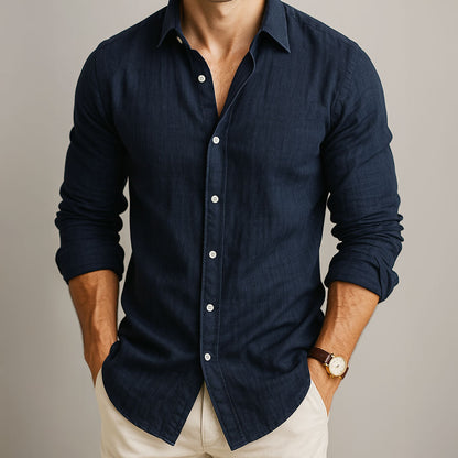 Men's Long Sleeve Button Front Polo Shirt in Dark Blue