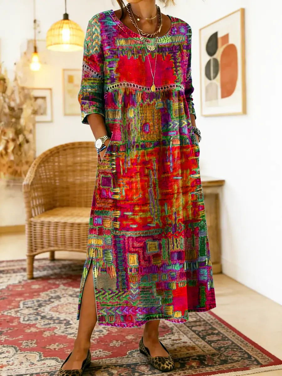 Women's Abstract Print Side Split Midi Dress in Red