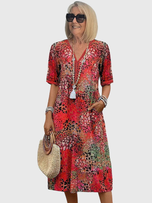 Women's Beige Floral Midi Dress in Red