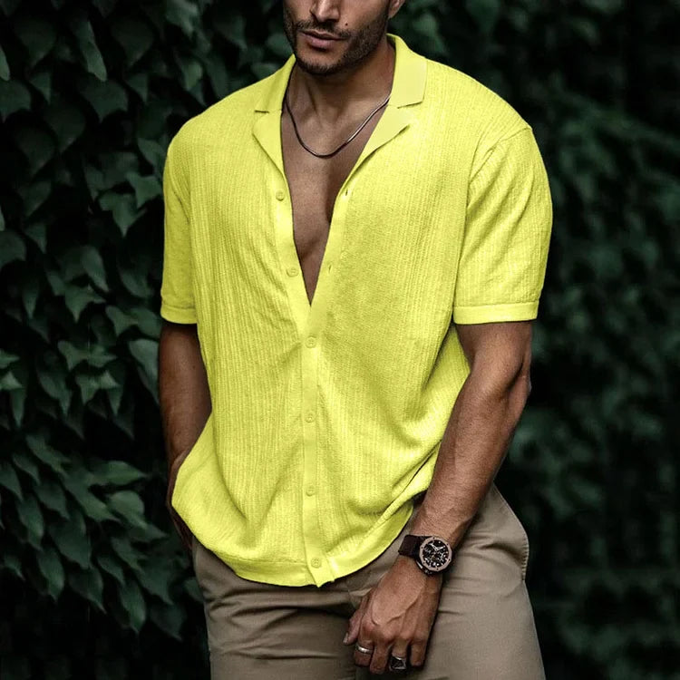 Men's Blue Short Sleeve Casual Shirt in Yellow