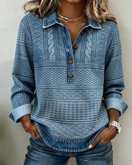Women's Collared Button Neck Patterned Knitted Jumper