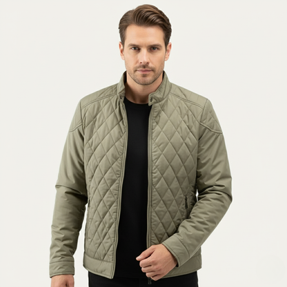 Men's Zip Detail Stand Collar Quilted Jacket in Khaki