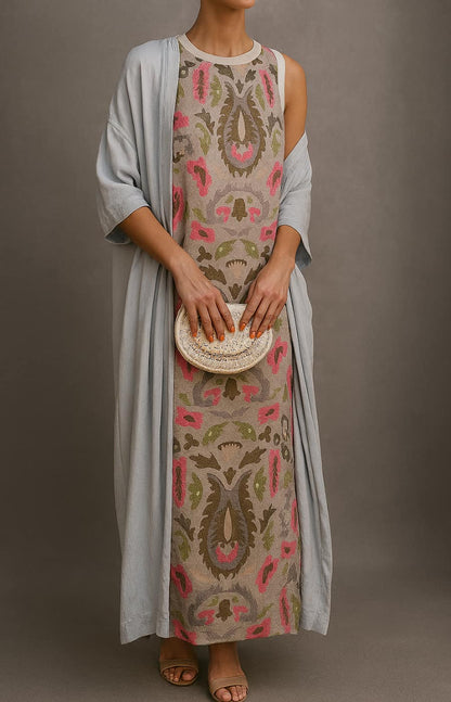 Women's Paisley Print Cold Shoulder Kaftan Midi Dress in Light Purple