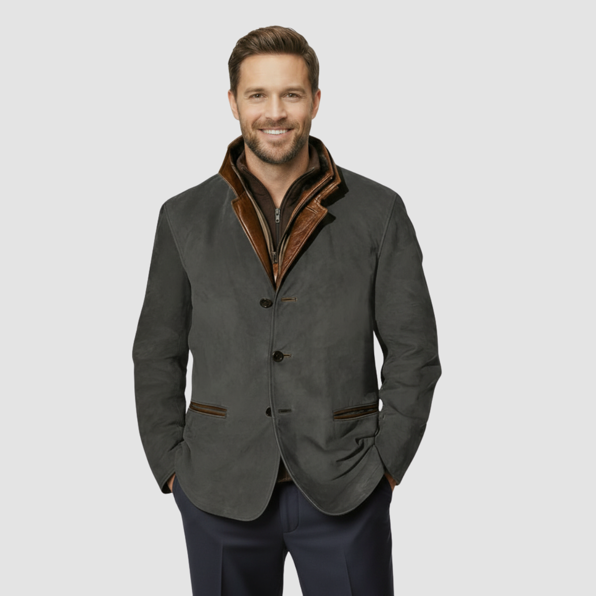 Men's Navy Blue Faux Fur Coat in Dark Gray