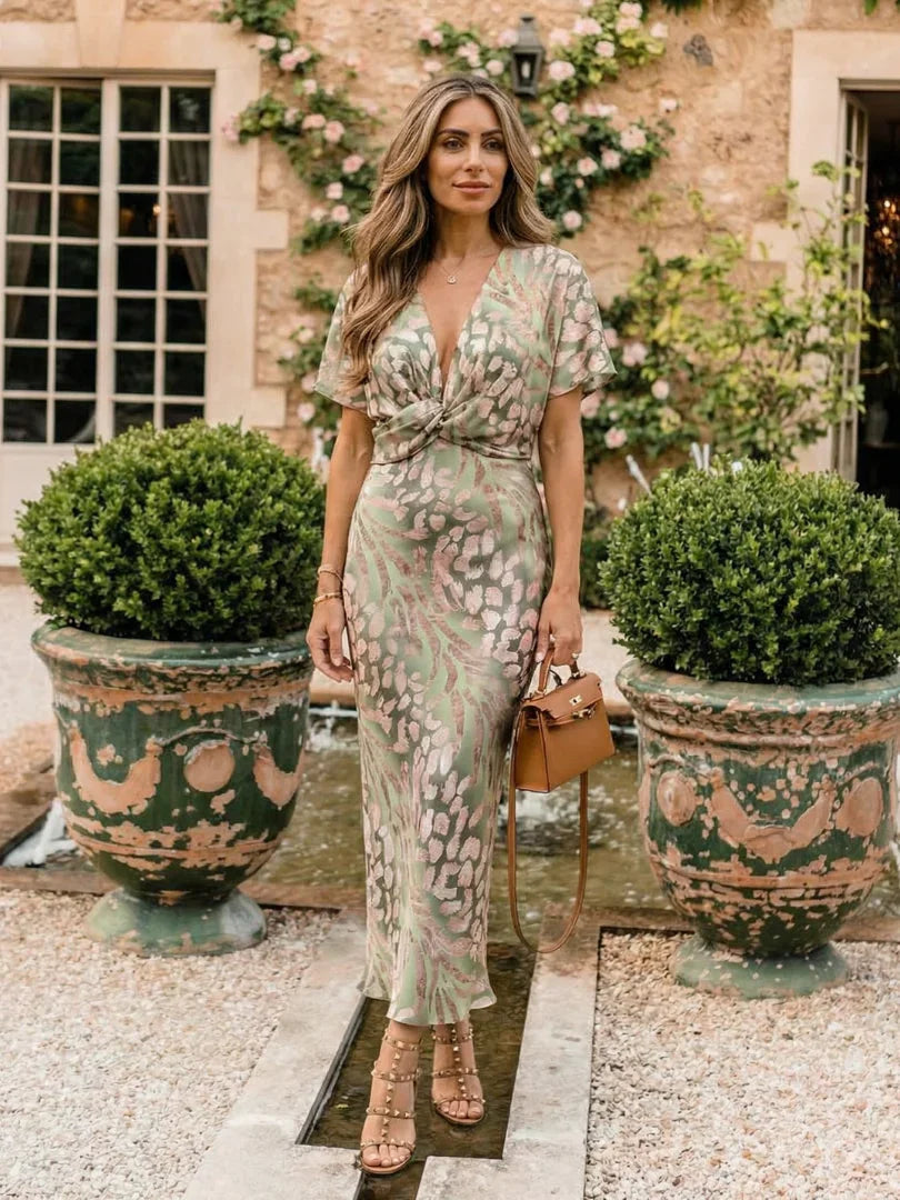 Women's Green Flutter Sleeve Wrap Front Maxi Dress