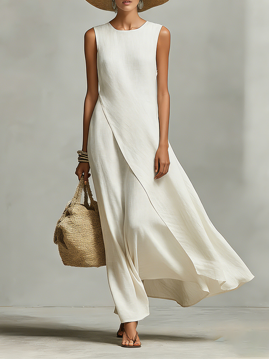 Women's Off White Sleeveless Asymmetric Draped Maxi Dress in Off-White