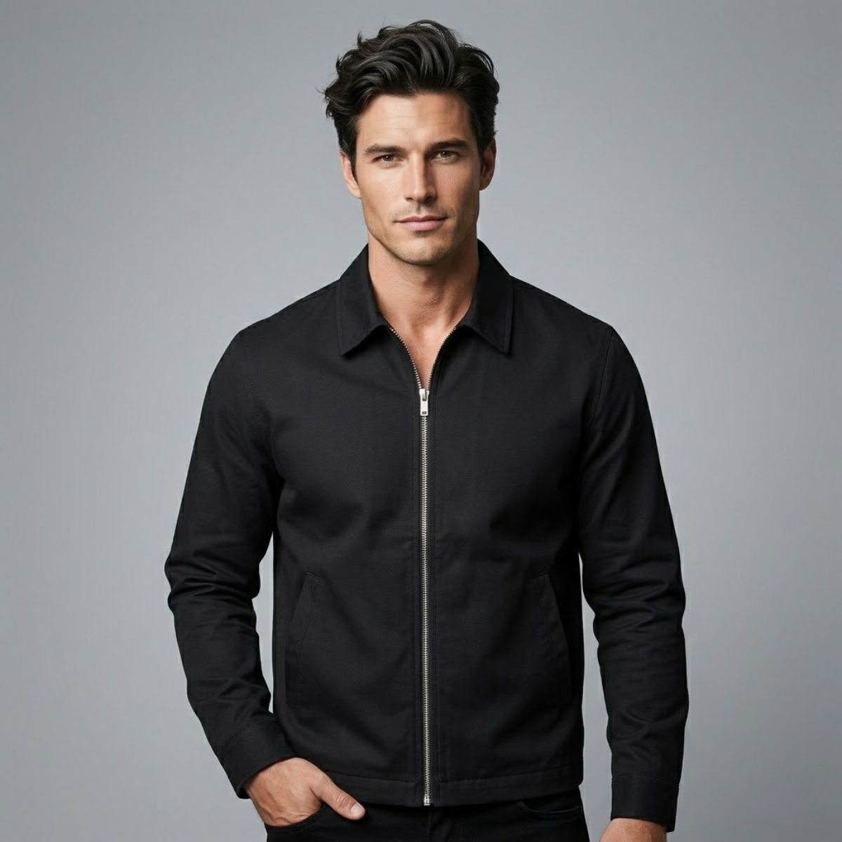 Men's Zip Up Lightweight Bomber Jacket in Black