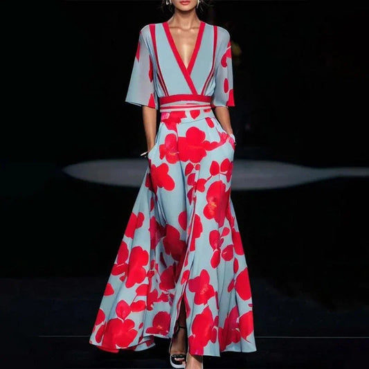 Women's Floral Print V Neck Flared Maxi Dress in Red Grey
