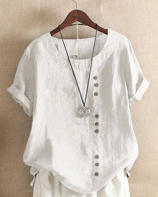 Women's Relaxed Fit Crew Neck Short Sleeve Button Front T Shirt in White