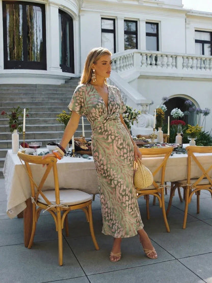 Women's Green Flutter Sleeve Wrap Front Maxi Dress