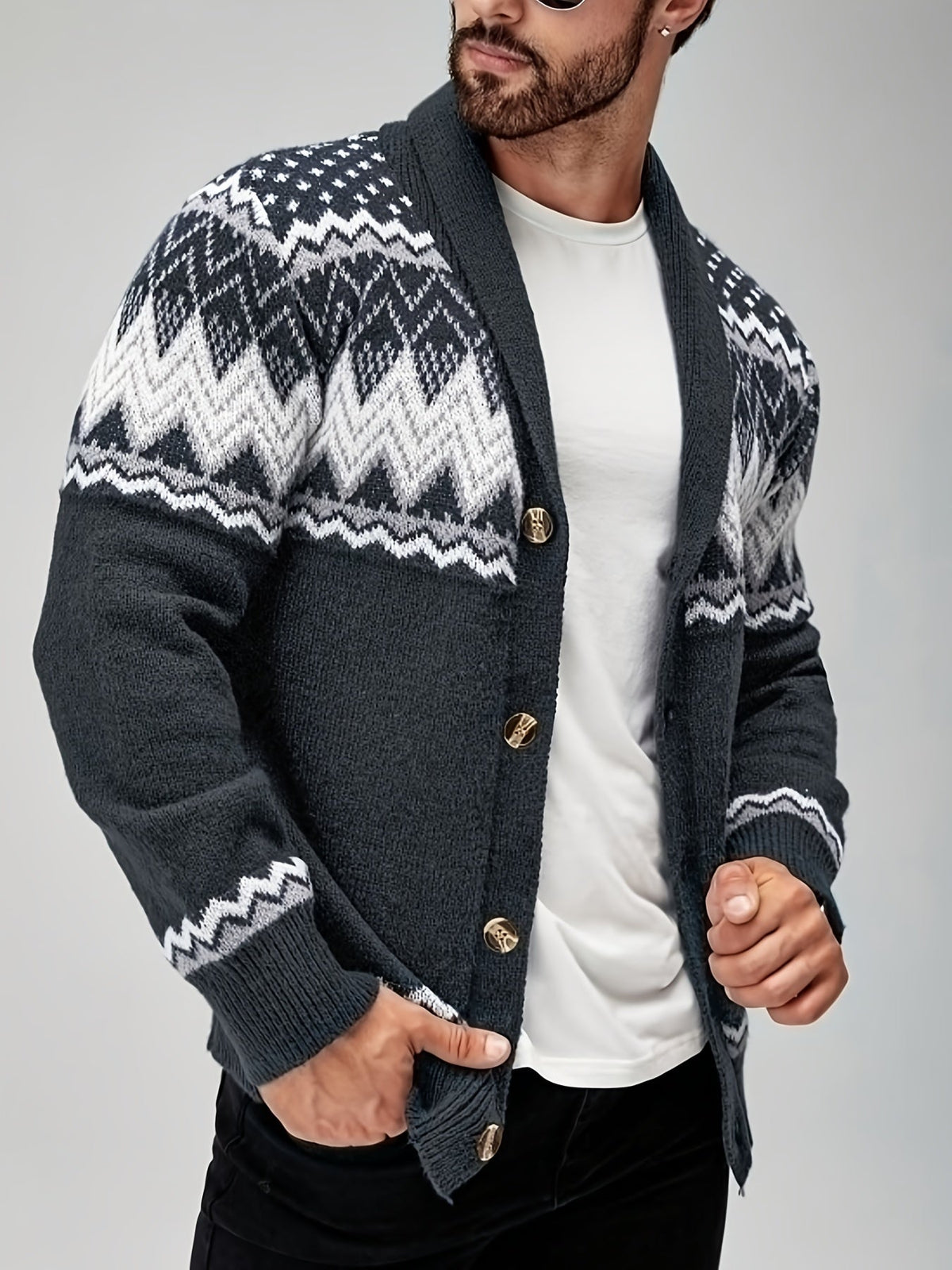 Men's Geometric Button Front Chunky Knit Cardigan in Grey