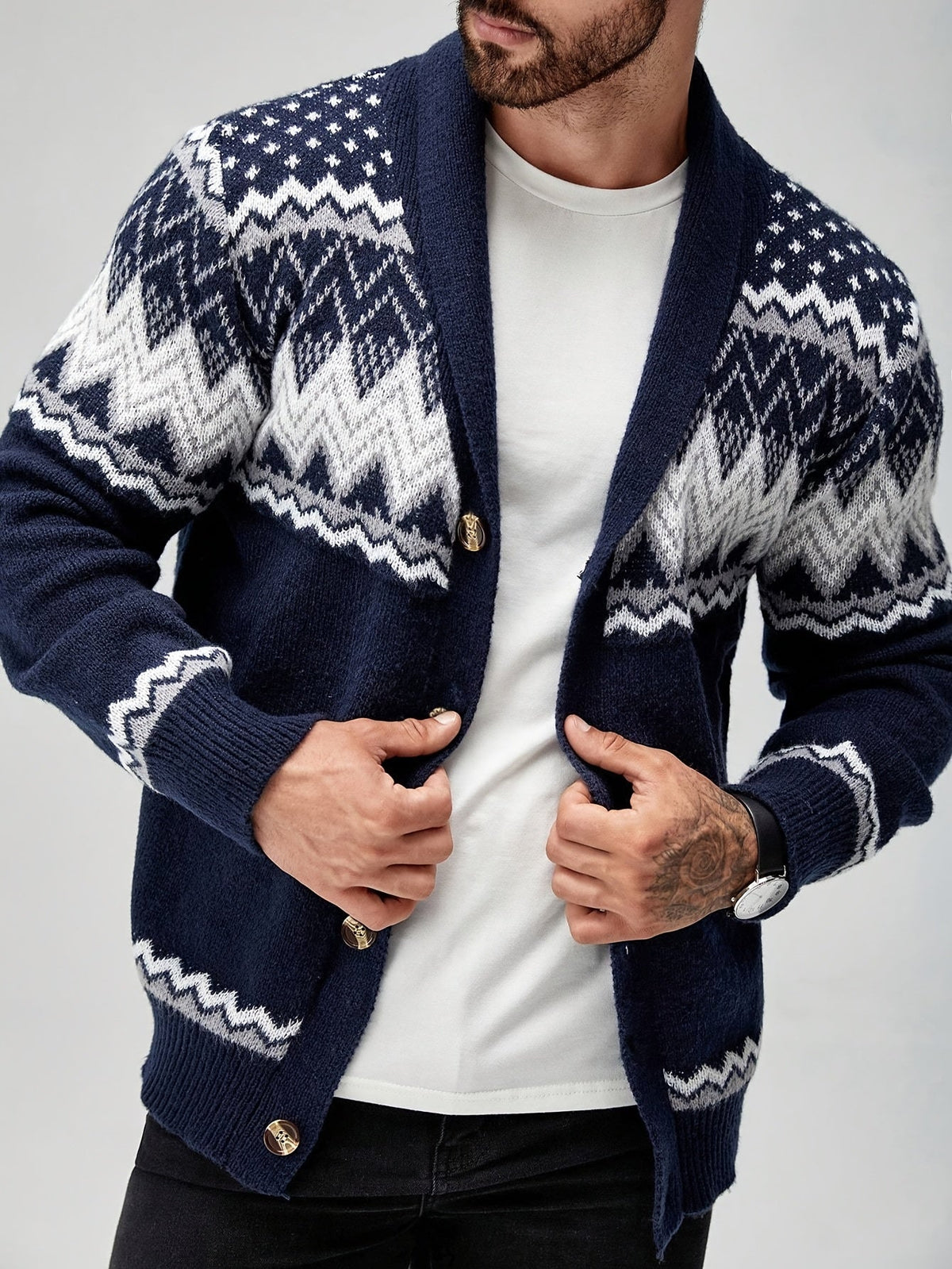 Men's Geometric Button Front Chunky Knit Cardigan