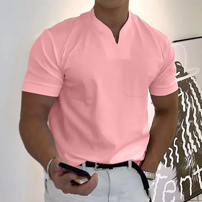 Men's Classic Fit V Neck Short Sleeve Casual T Shirt in Pink
