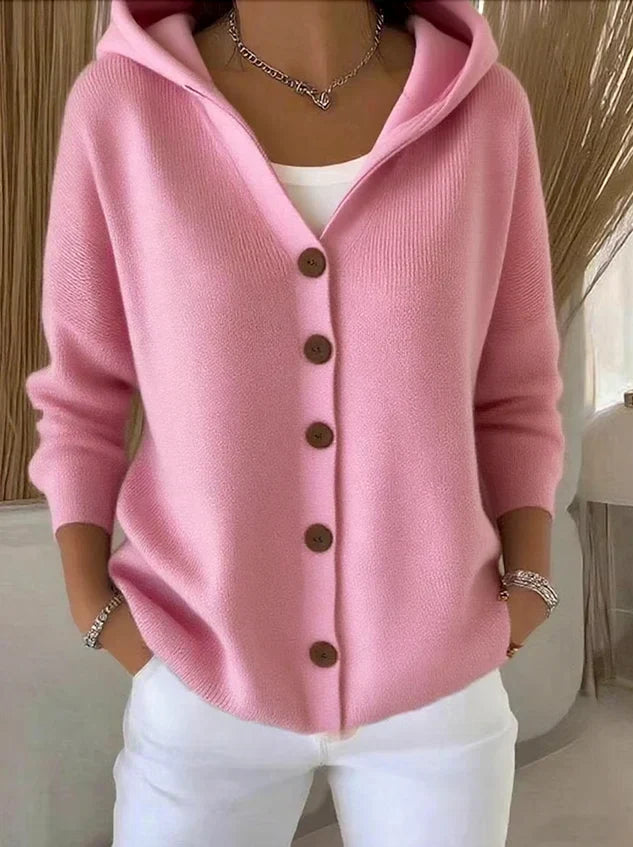Women's Plain Knitted Hooded Button Front Cardigan view 2