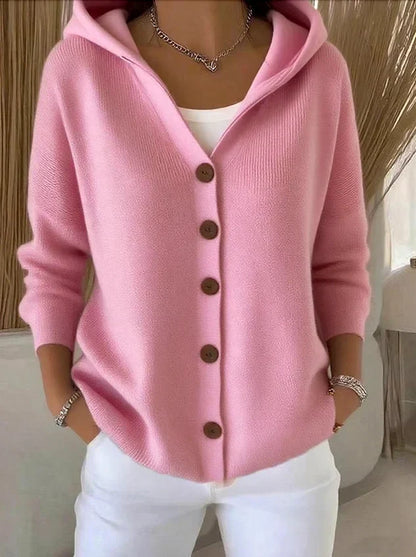 Women's Plain Knitted Hooded Button Front Cardigan view 2