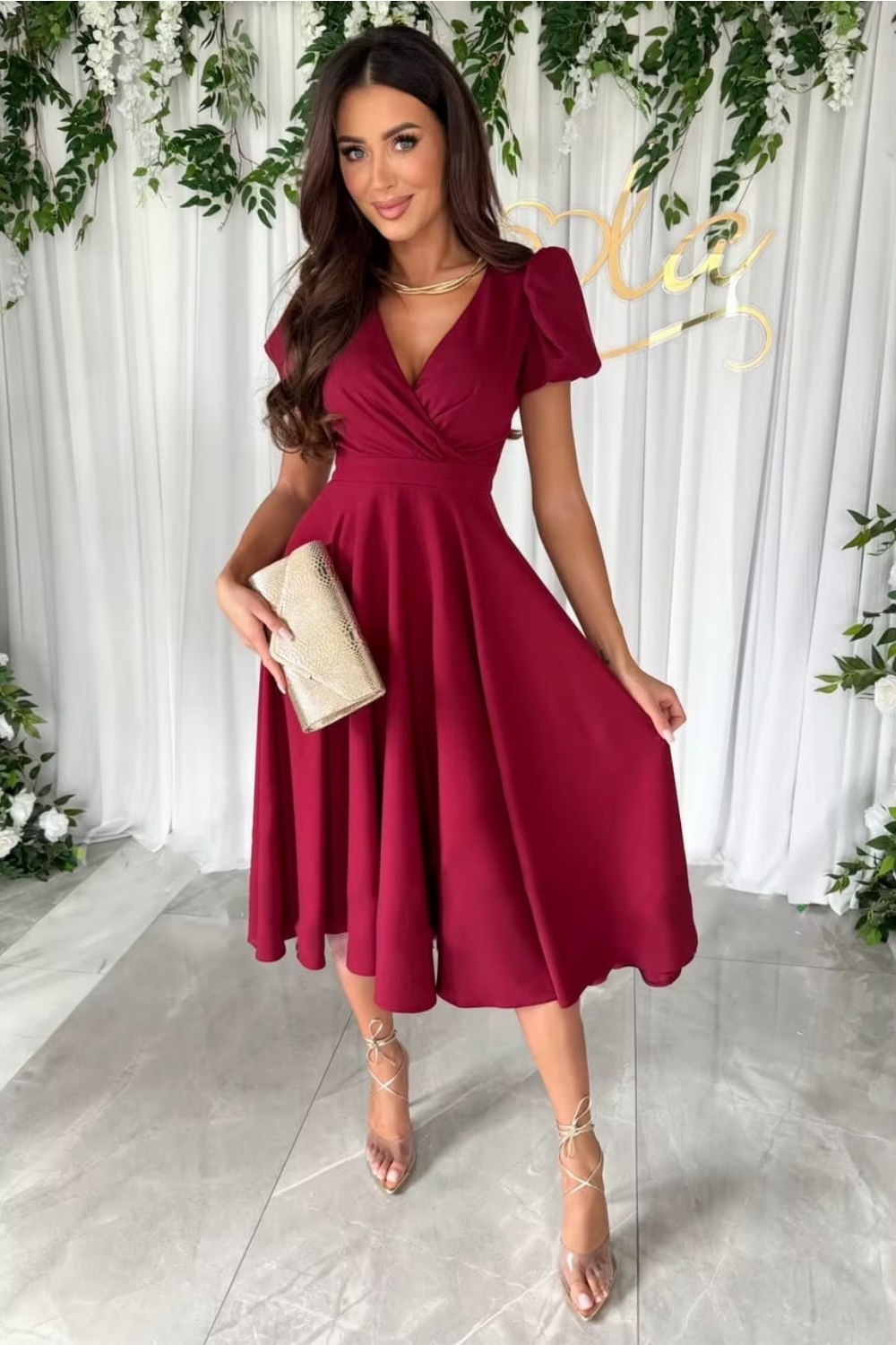 Women's Red V Neck Midi Dress