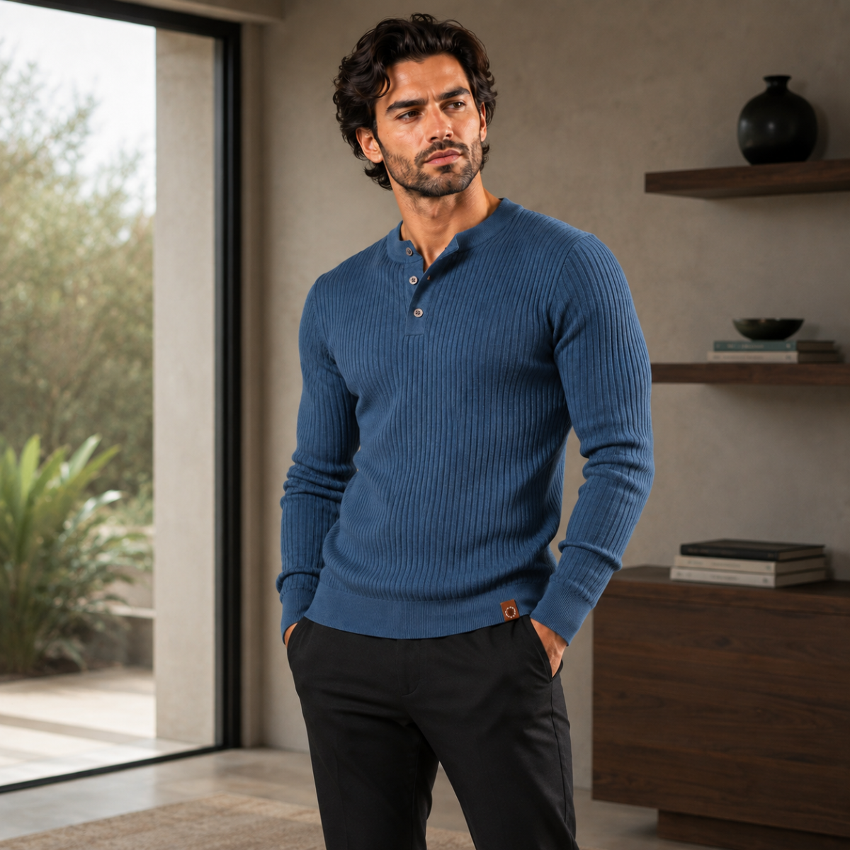 Men's Ribbed Knitted Button Front Jumper