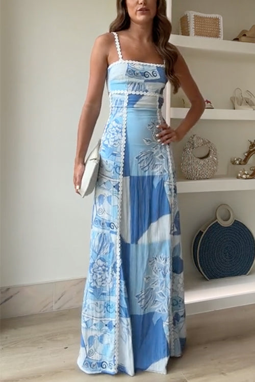 Women's Light Blue Printed Bow Detail Draped Maxi Dress in Light Blue