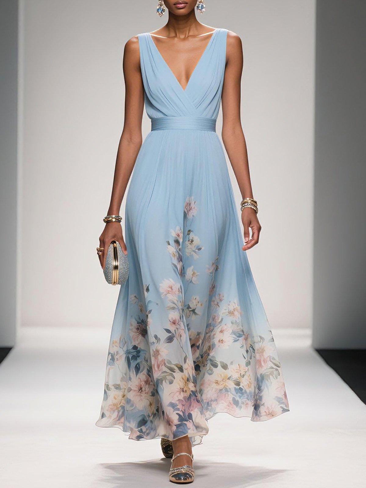 Women's Floral Pleated Maxi Dress in Light Blue