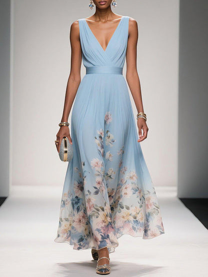 Women's Floral Pleated Maxi Dress in Light Blue