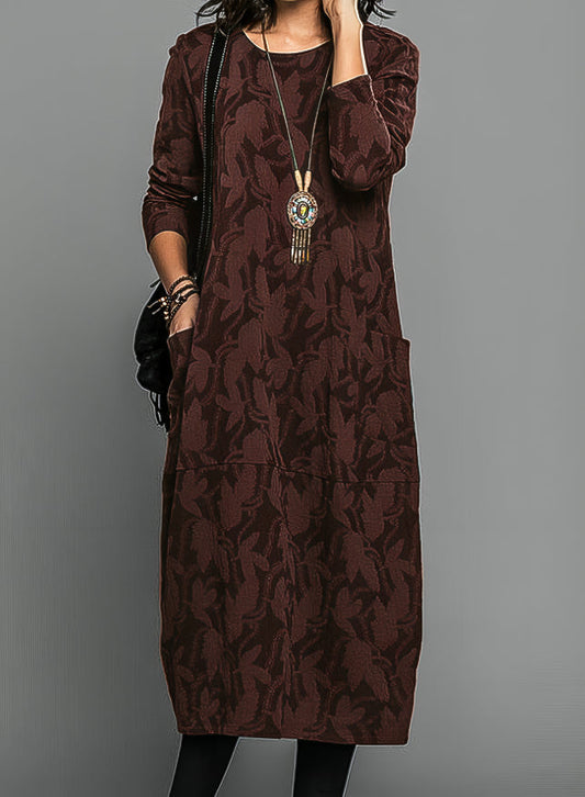 Women's Printed Long Sleeve Shift Maxi Dress in Burgundy