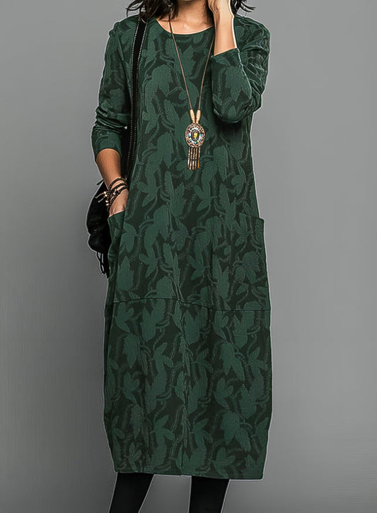 Women's Printed Long Sleeve Shift Maxi Dress in Green