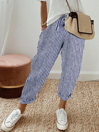 Women's Drawstring Cuffed Tapered Trousers in Blue (Striped)