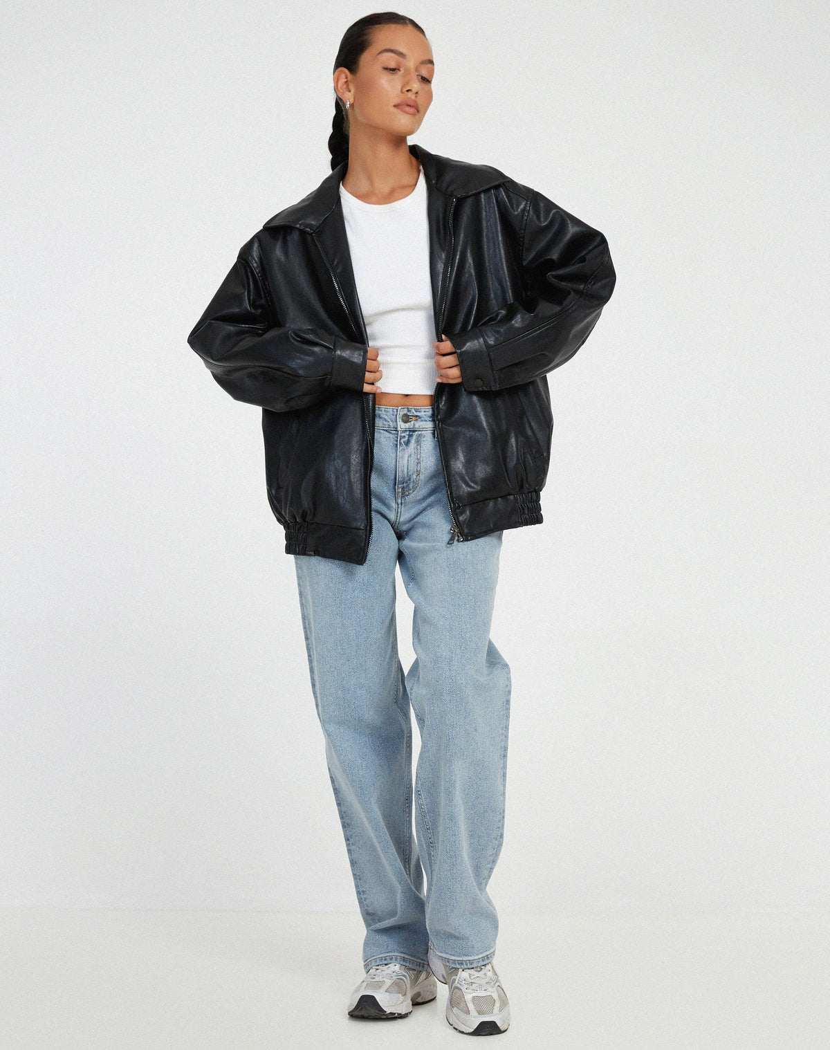 Women's Oversized Collared Faux Leather Bomber Jacket view 5