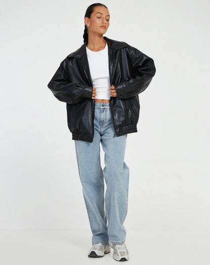 Women's Oversized Collared Faux Leather Bomber Jacket view 5