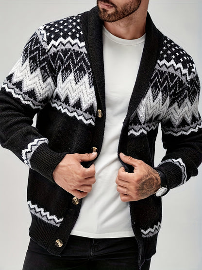 Men's Geometric Button Front Chunky Knit Cardigan in Black