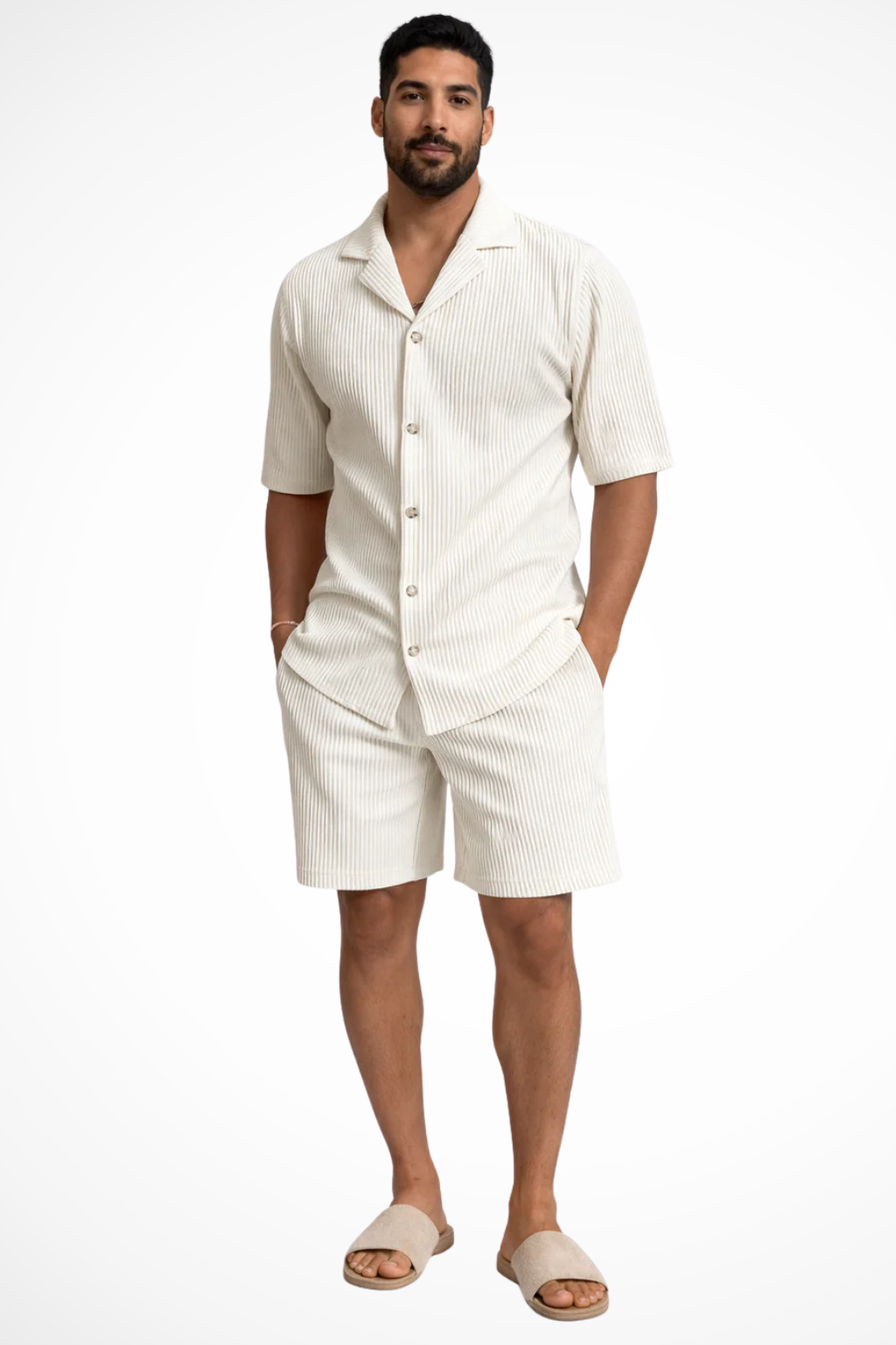 Men's Short Sleeve Two Piece Set in Creamy White