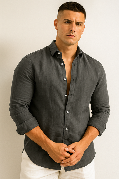 Men's Relaxed Fit Collared Long Sleeve Button Front Shirt in Dark Grey