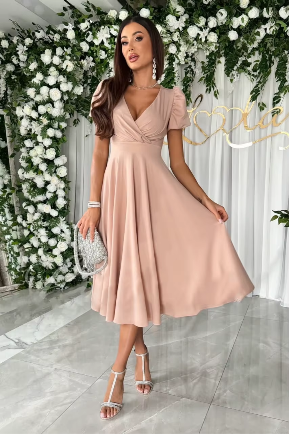 Women's Red V Neck Midi Dress in Pink