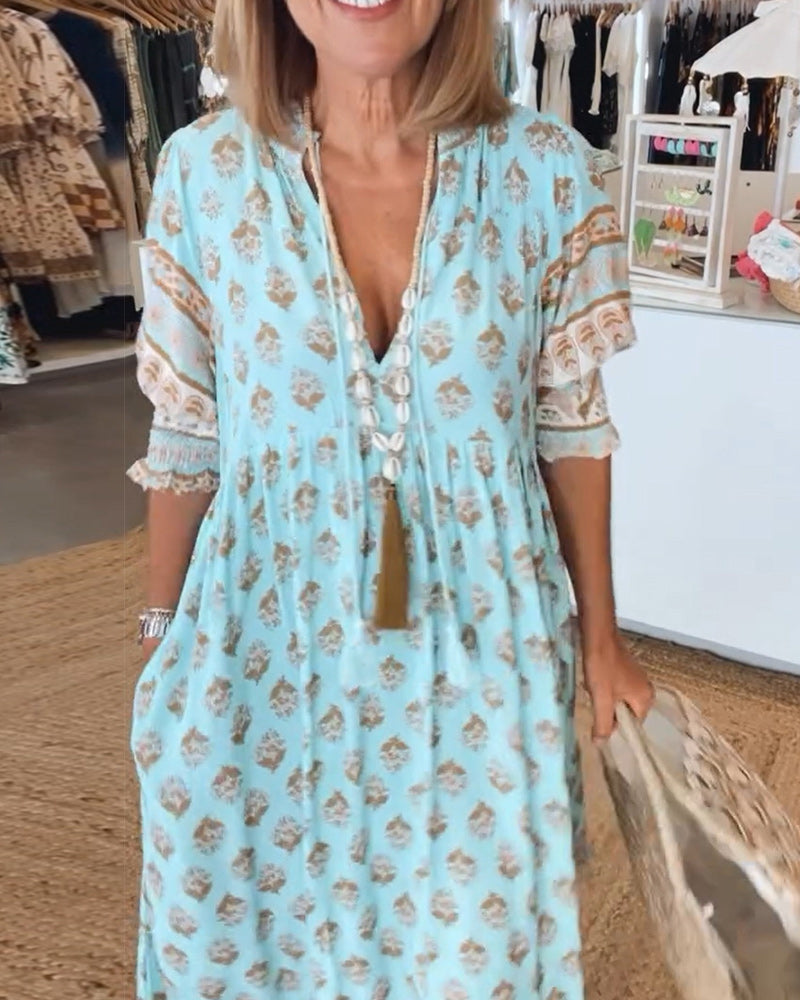 Women's Printed V Neck Maxi Dress view 4