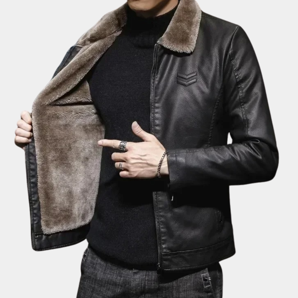 Men's Fleece Lined Fur Collar Faux Leather Jacket