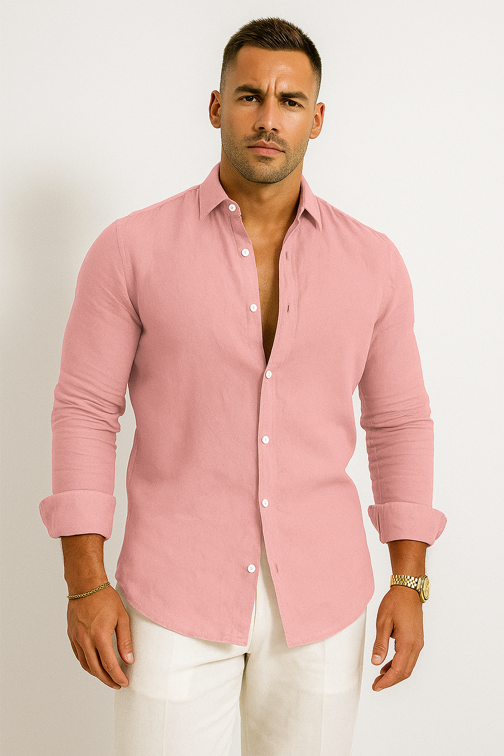 Men's Relaxed Fit Collared Long Sleeve Button Front Shirt in Pink