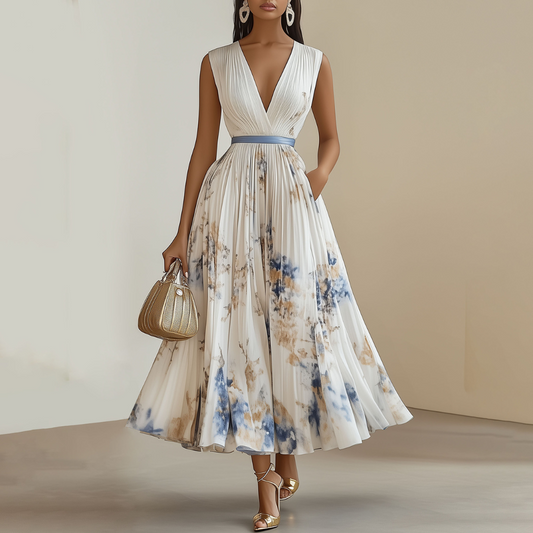 Women's V Neck Floral Pleated Wedding Guest Dress in White Floral