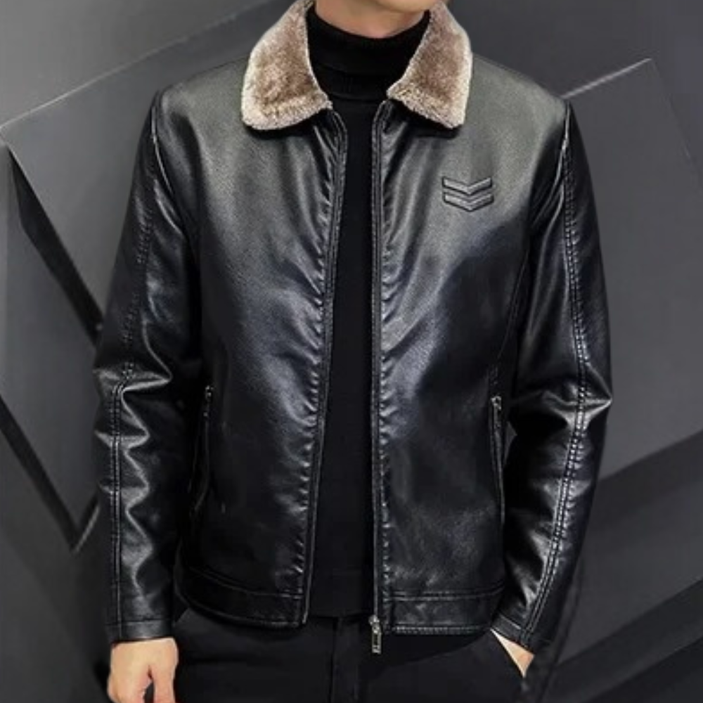 Men's Fleece Lined Fur Collar Faux Leather Jacket