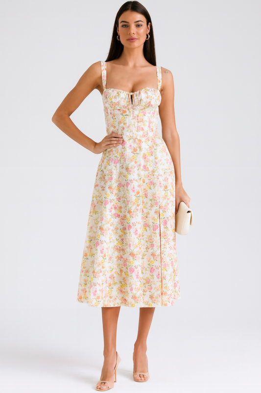 Women's Strappy Sweetheart Neck Floral Midi Dress in Pink
