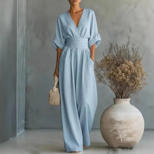 Women's V Neck Wide Leg Jumpsuit in Sky Blue