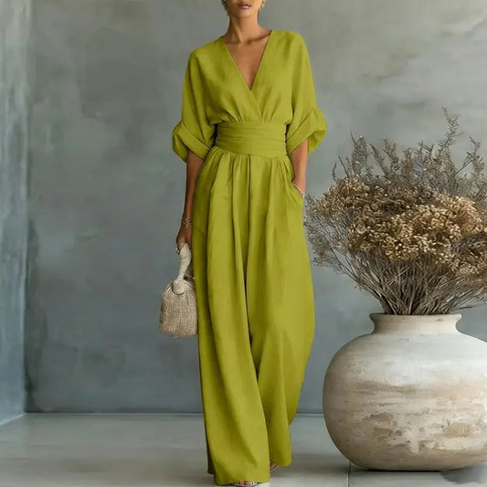 Women's V Neck Wide Leg Jumpsuit in Green
