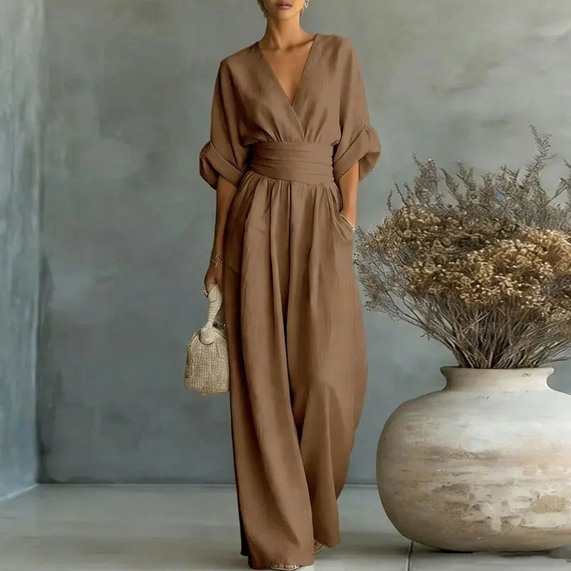 Women's V Neck Wide Leg Jumpsuit in Dark Brown