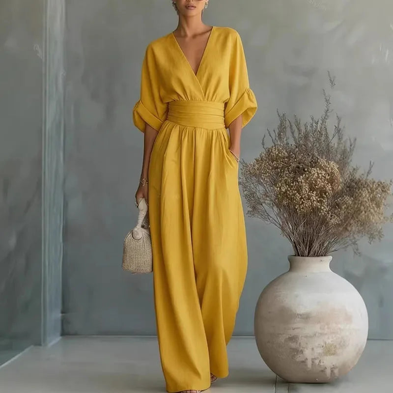 Women's V Neck Wide Leg Jumpsuit in Yellow