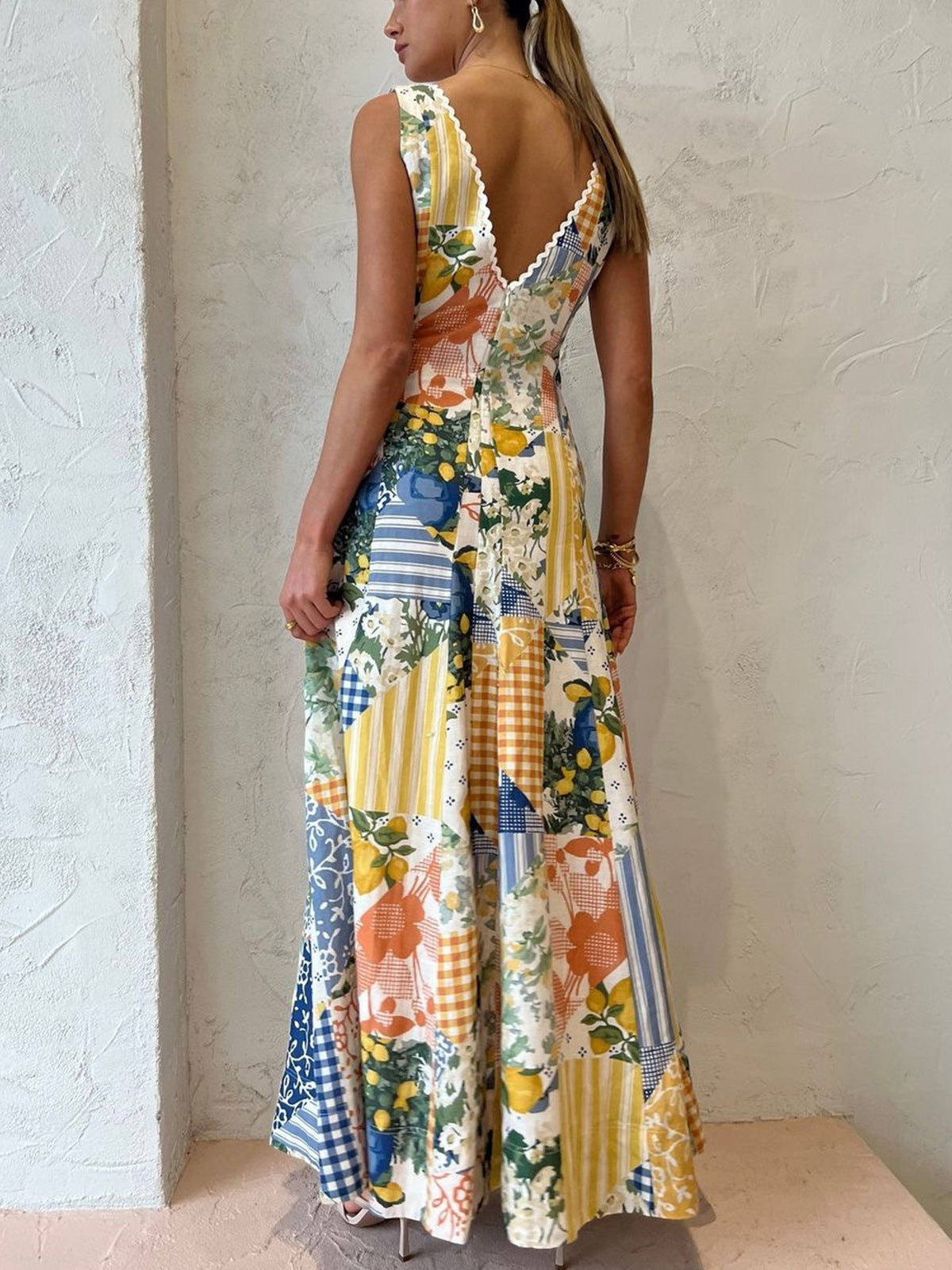 Women's Patchwork V Neck Maxi Dress view 3