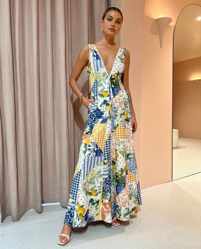 Women's Patchwork V Neck Maxi Dress view 2
