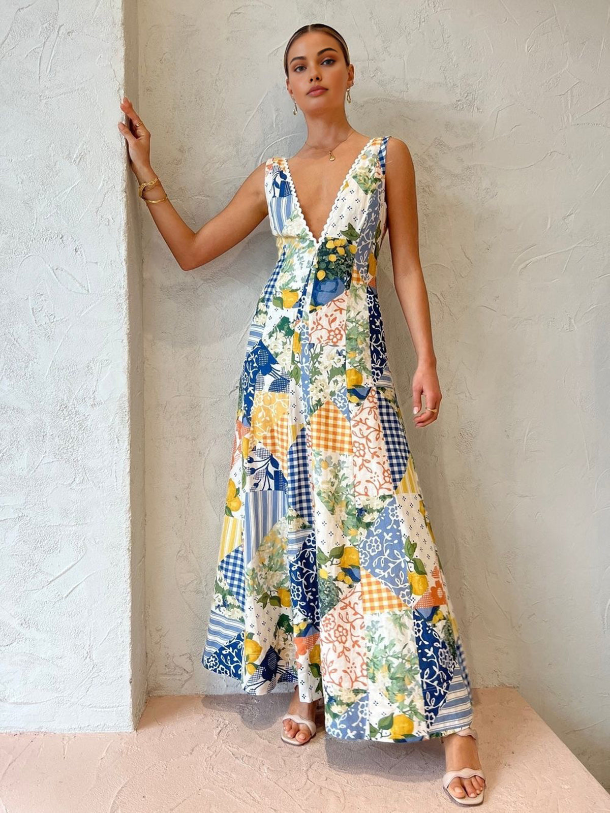 Women's Patchwork V Neck Maxi Dress