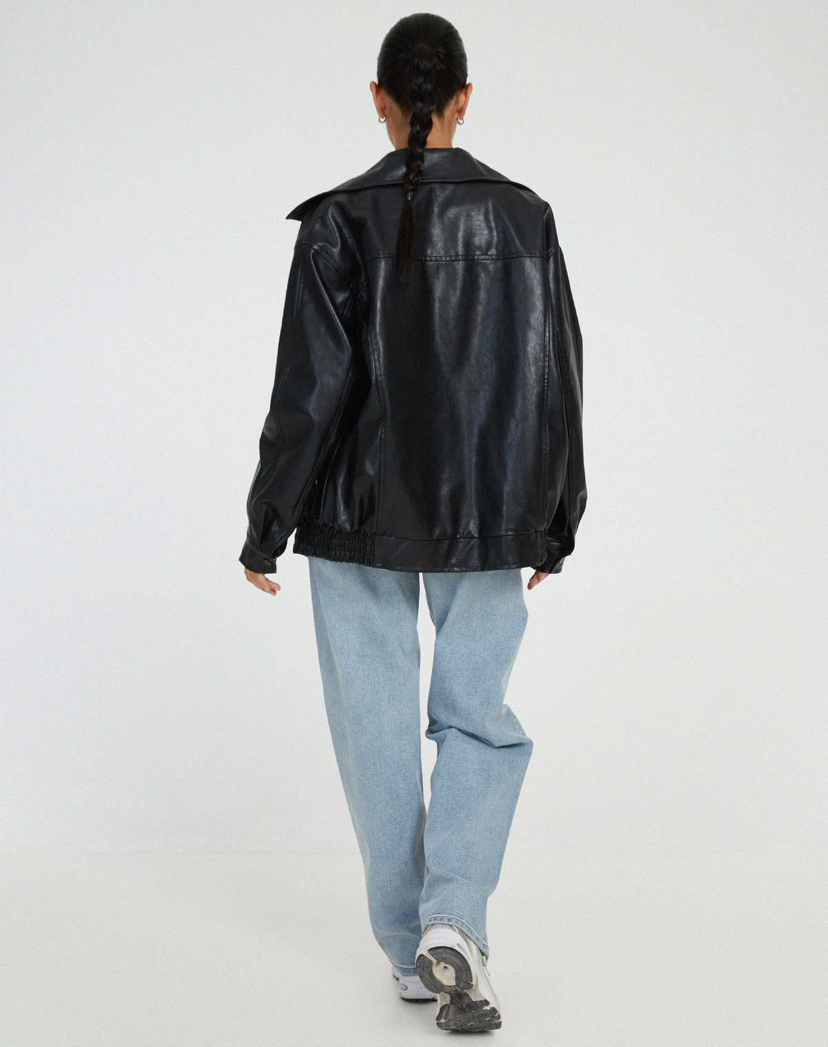 Women's Oversized Collared Faux Leather Bomber Jacket view 6