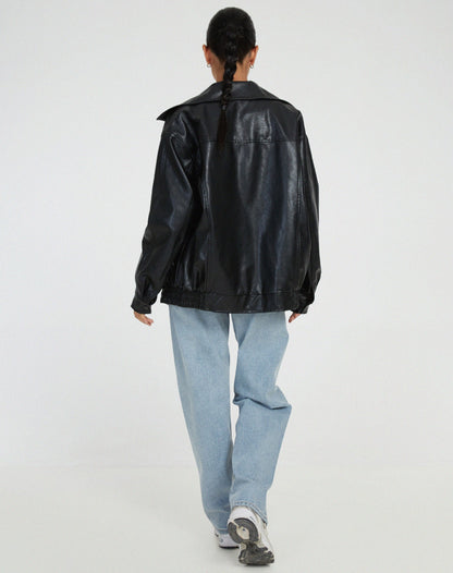 Women's Oversized Collared Faux Leather Bomber Jacket view 6