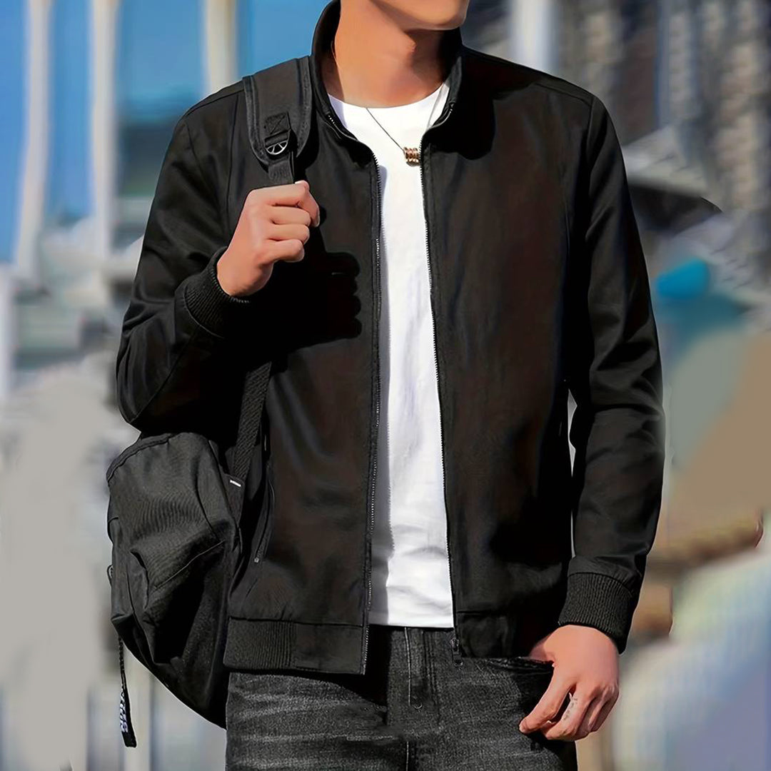 Men's Contrast Sleeve Ribbed Trim Bomber Jacket in Black