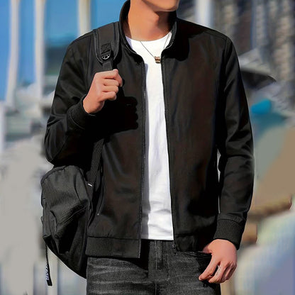 Men's Contrast Sleeve Ribbed Trim Bomber Jacket in Black